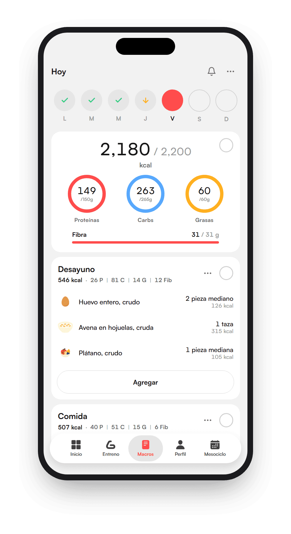 Pantalla de macros de la app bicec con el día registrado: 2,180 de 2,200 kcal, los anillos de proteínas, carbohidratos y grasas, y el desayuno alimento por alimento