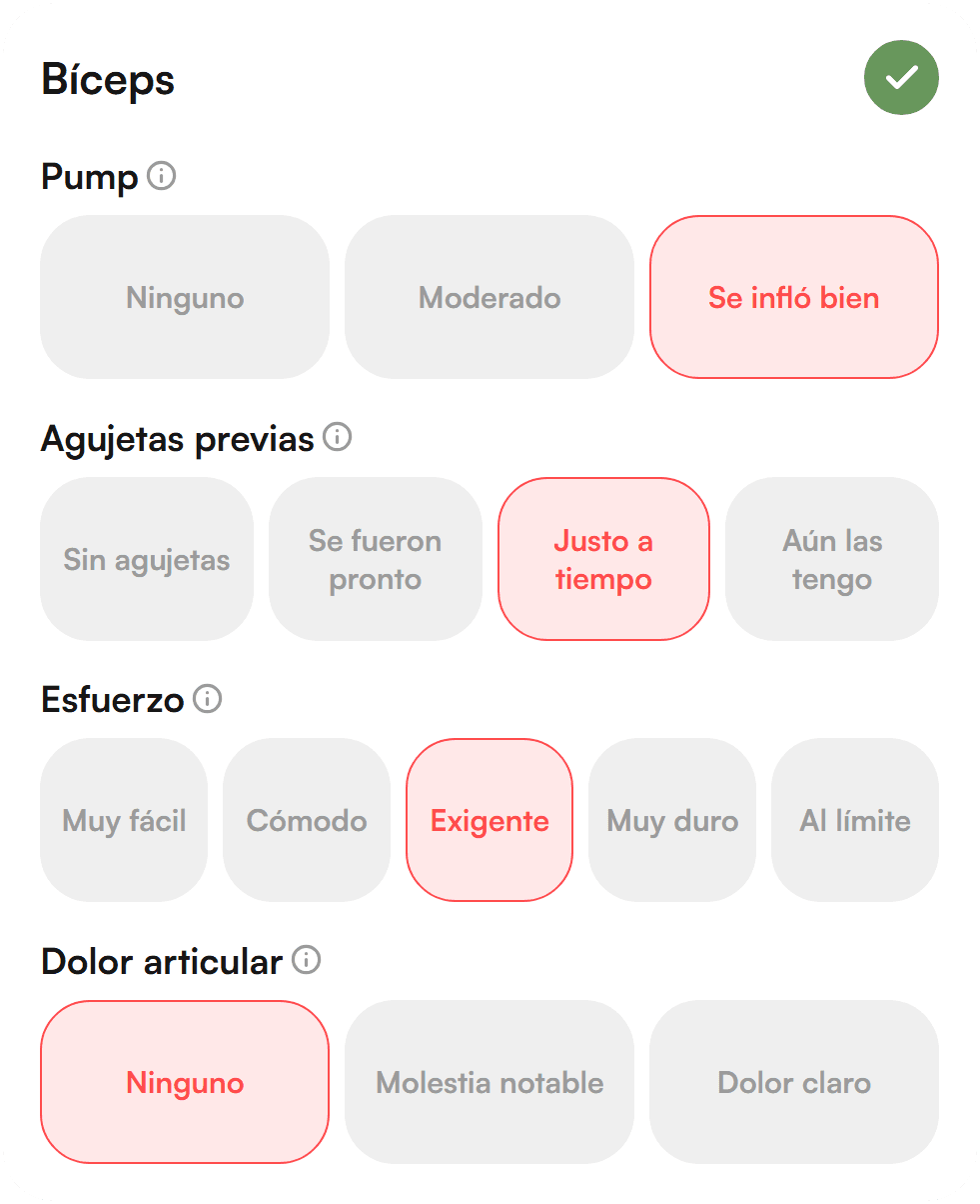 Encuesta de feedback muscular de bicec al cerrar la sesión: pump, agujetas previas, esfuerzo y dolor articular