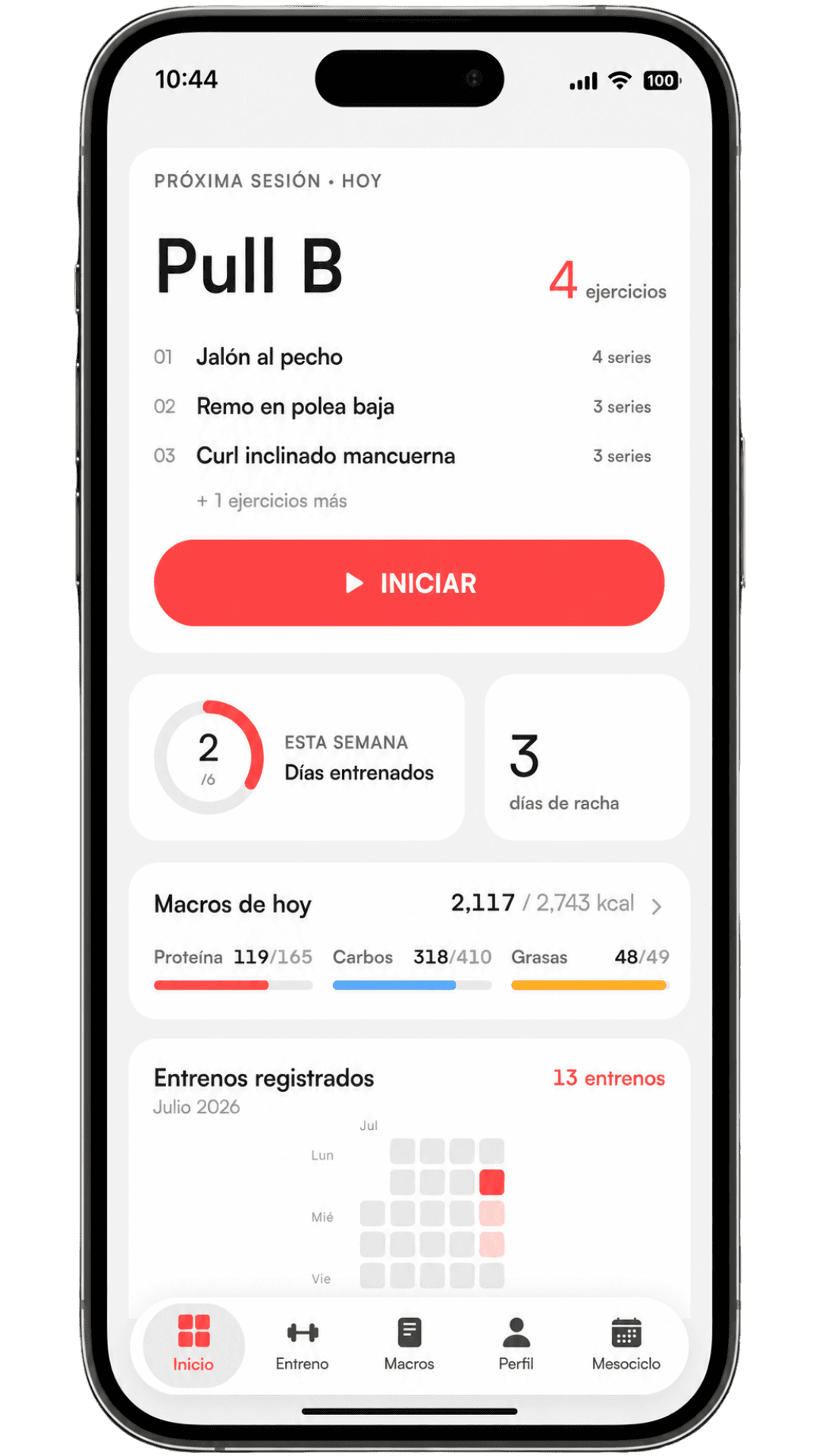 Pantalla de inicio de la app bicec con la sesión del día, macros e historial de entrenos
