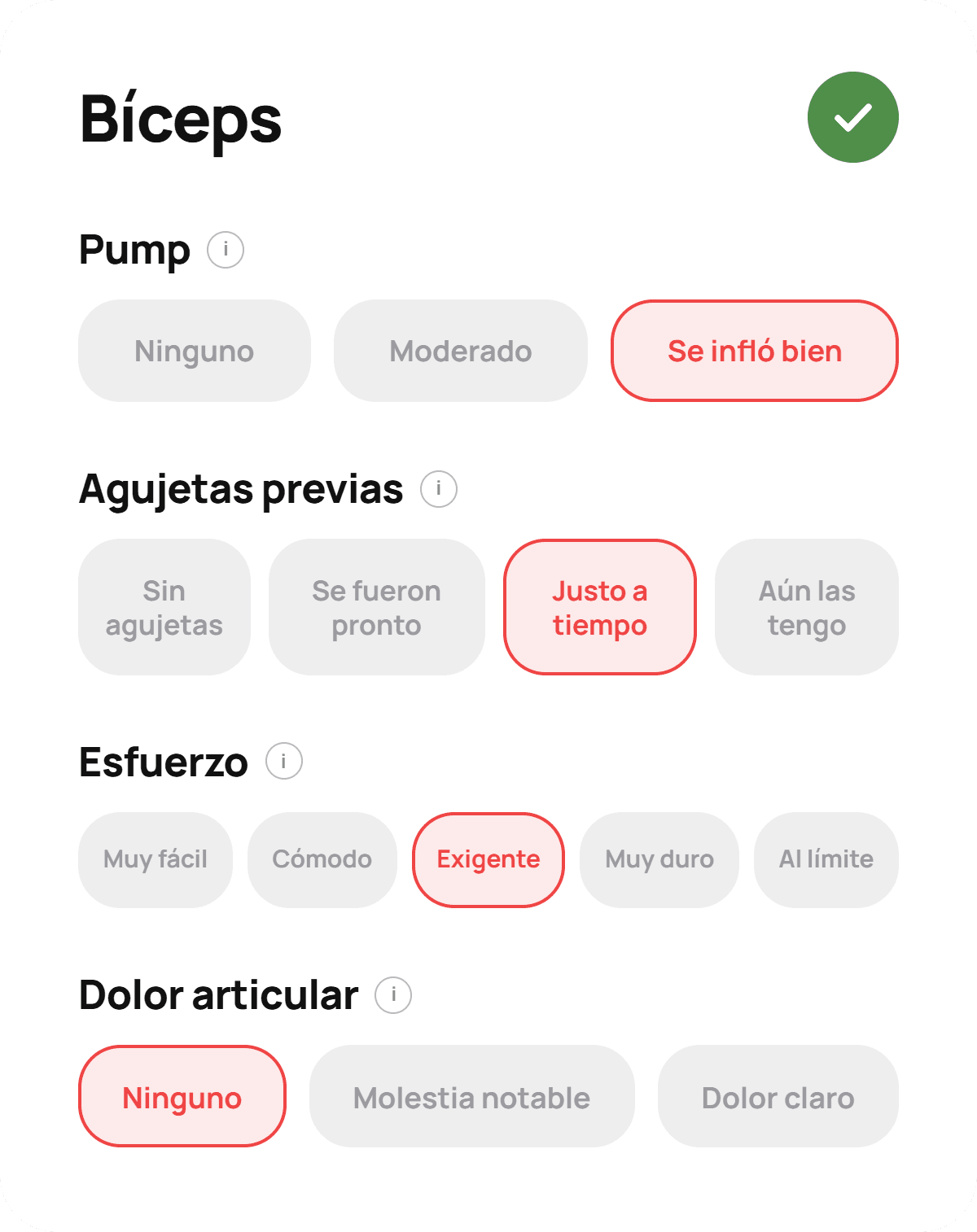 Pantalla de feedback muscular de la app bicec: pump, agujetas previas, esfuerzo y dolor articular para bíceps