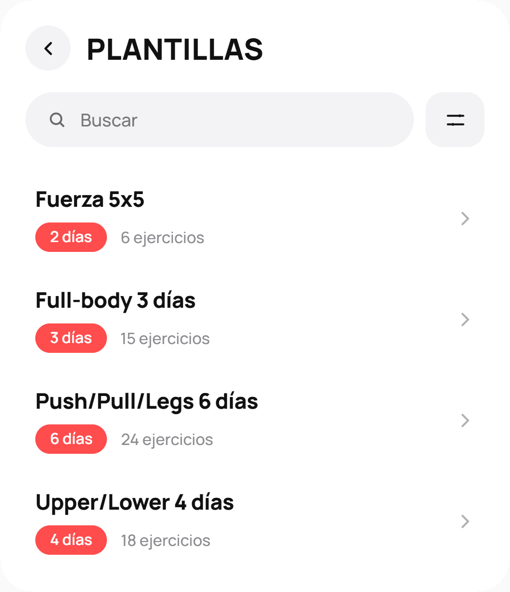 Lista de plantillas de entrenamiento en bicec: Fuerza 5x5, Full-body 3 días, Push/Pull/Legs 6 días y Upper/Lower 4 días