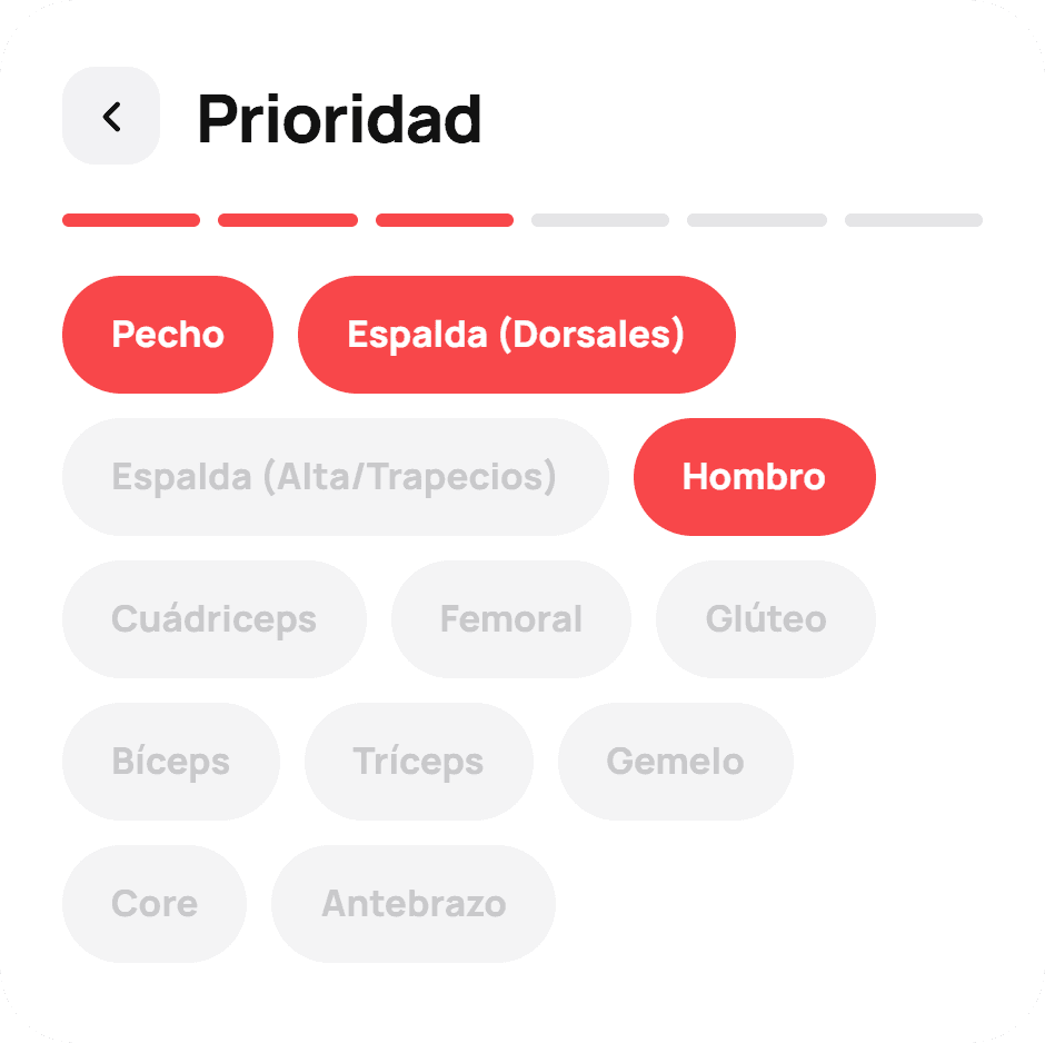 Selección de músculos prioritarios en bicec: pecho, espalda y hombro marcados