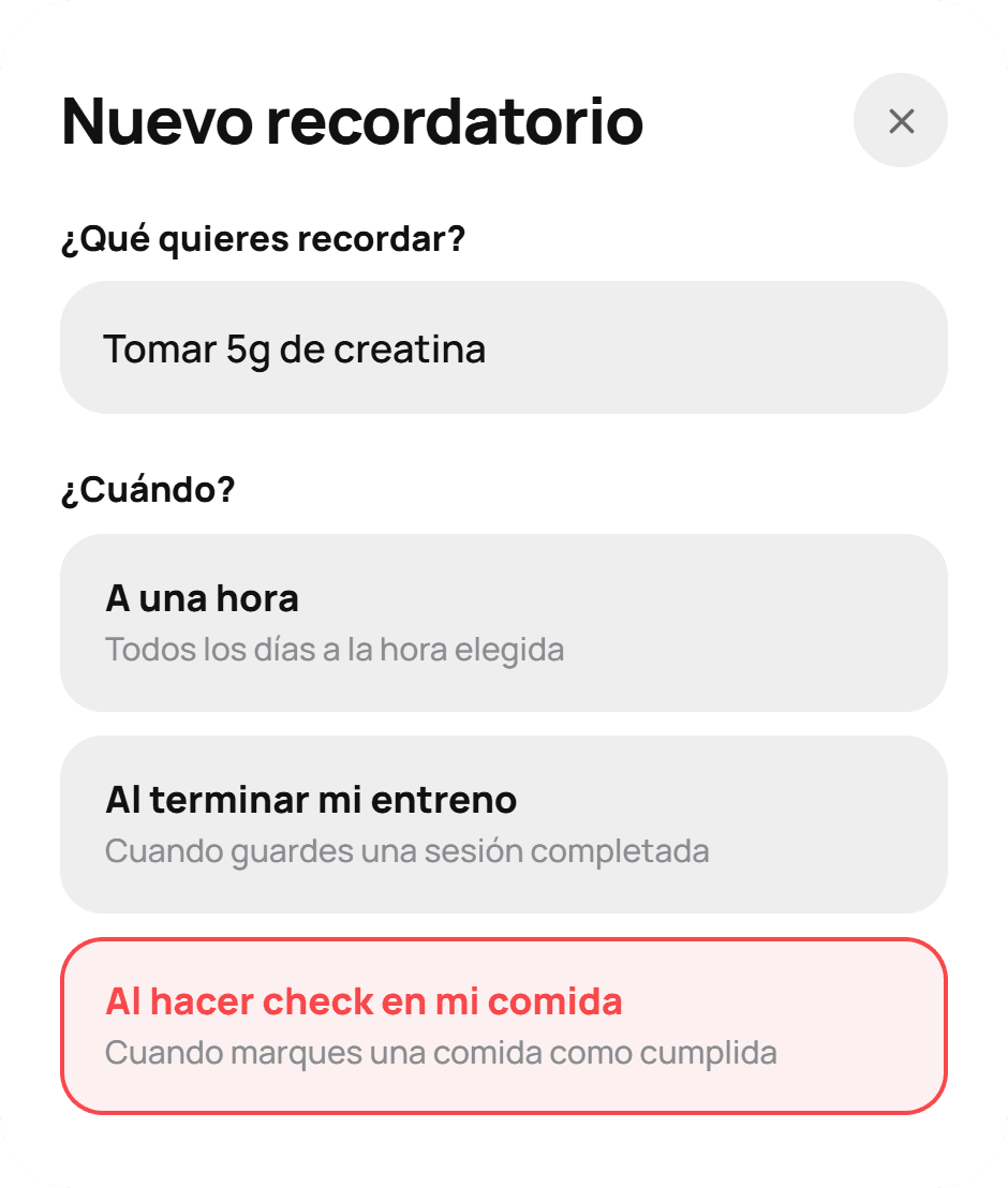 Creación de un recordatorio en bicec para tomar creatina al marcar una comida