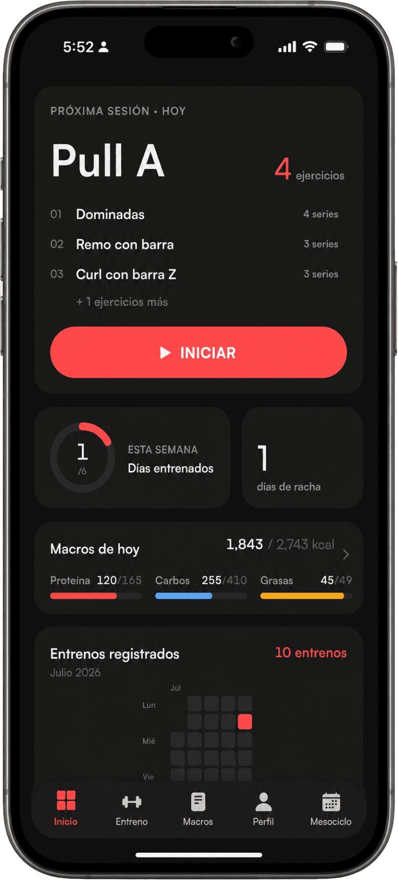 Pantalla de inicio de la app bicec: próxima sesión, días entrenados, macros del día e historial de entrenos